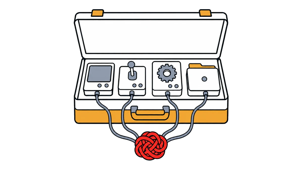An open tool case holding four improvised devices, with cables converging in a red knot.