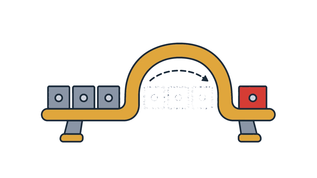 Three grey workflow tiles enter a gold shortcut arch, fade into dashed outlines and emerge as one red result tile.